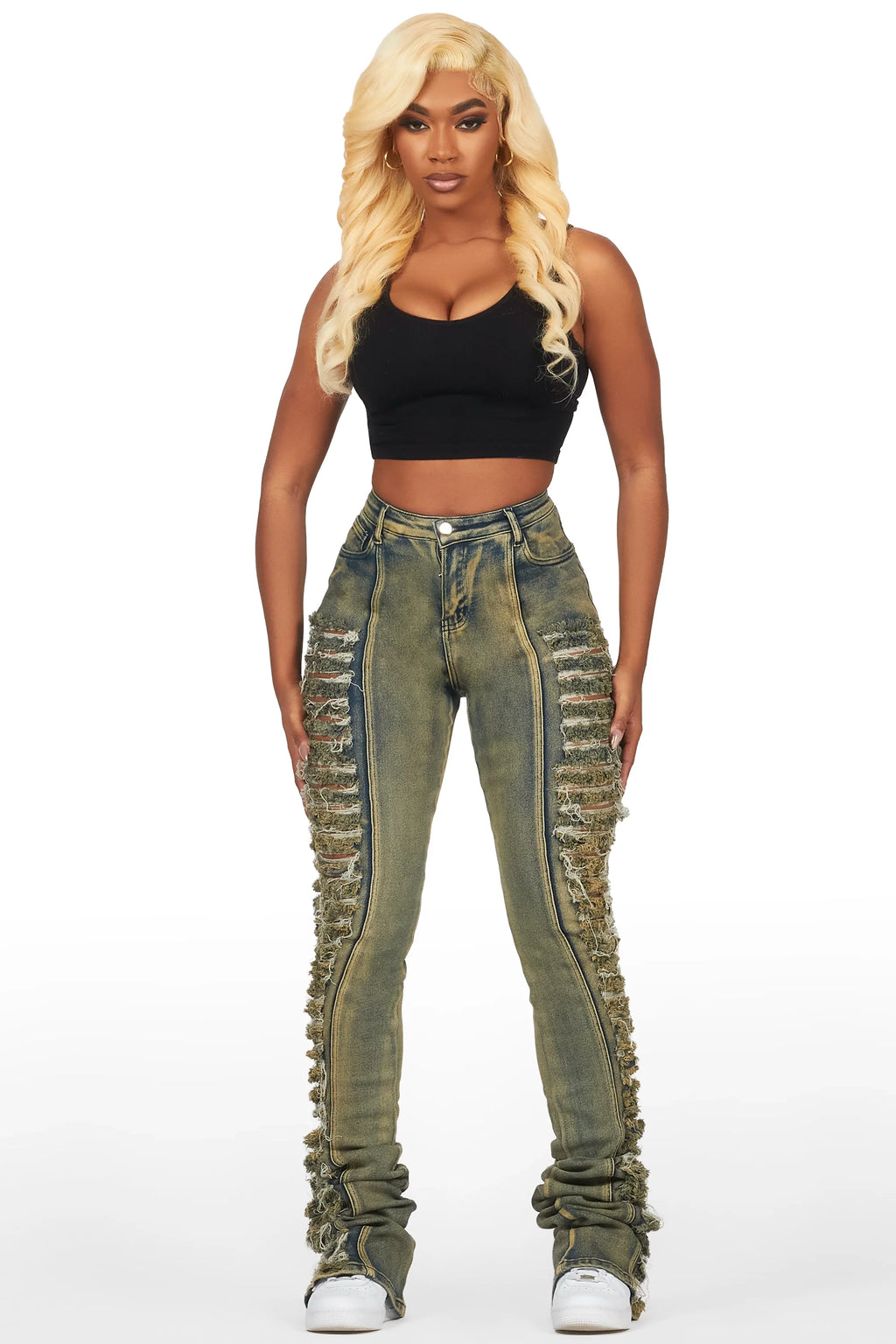 Erielle Tinted Dark Wash Mega Distressed Super Stacked Jean