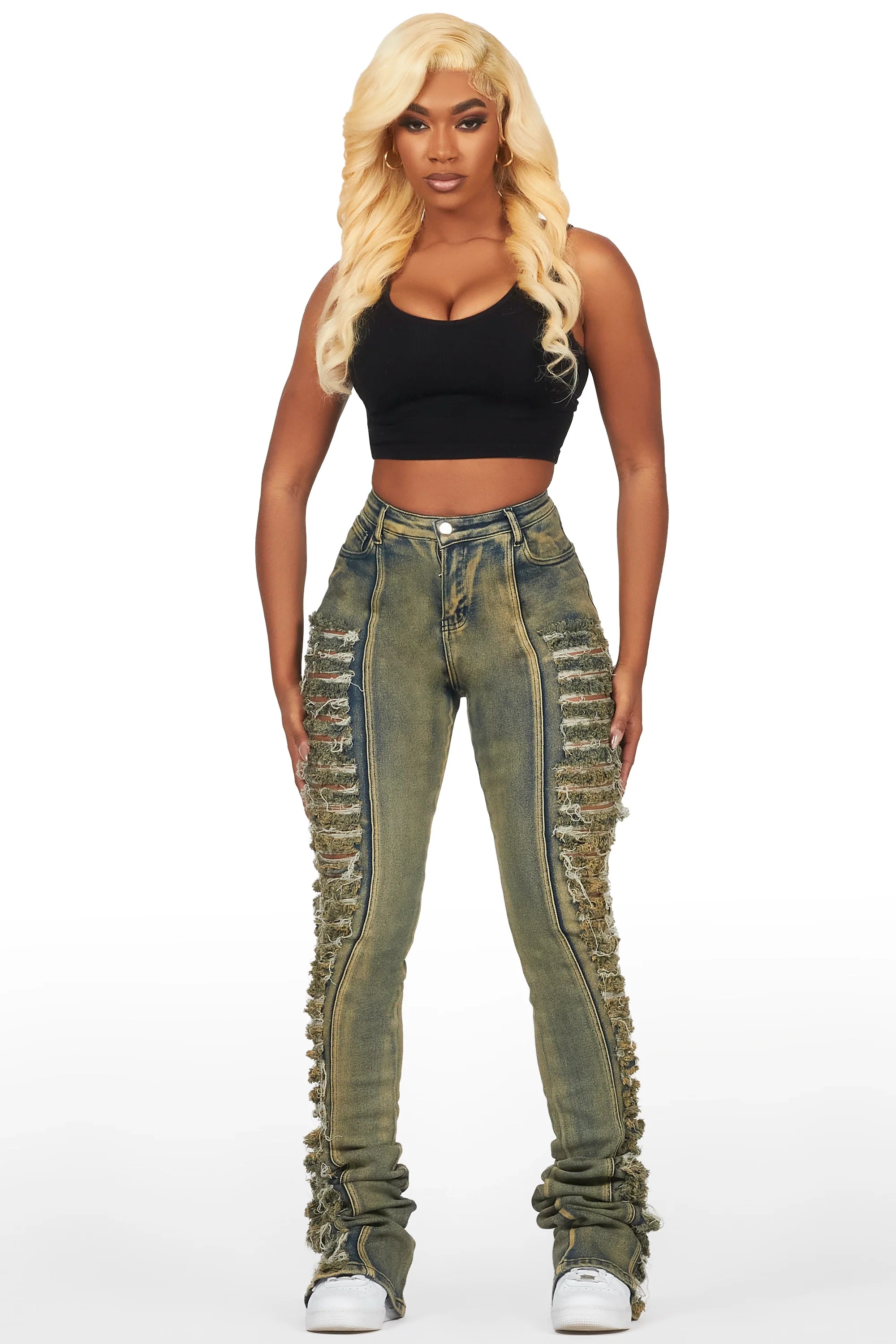 Erielle Tinted Dark Wash Mega Distressed Super Stacked Jean