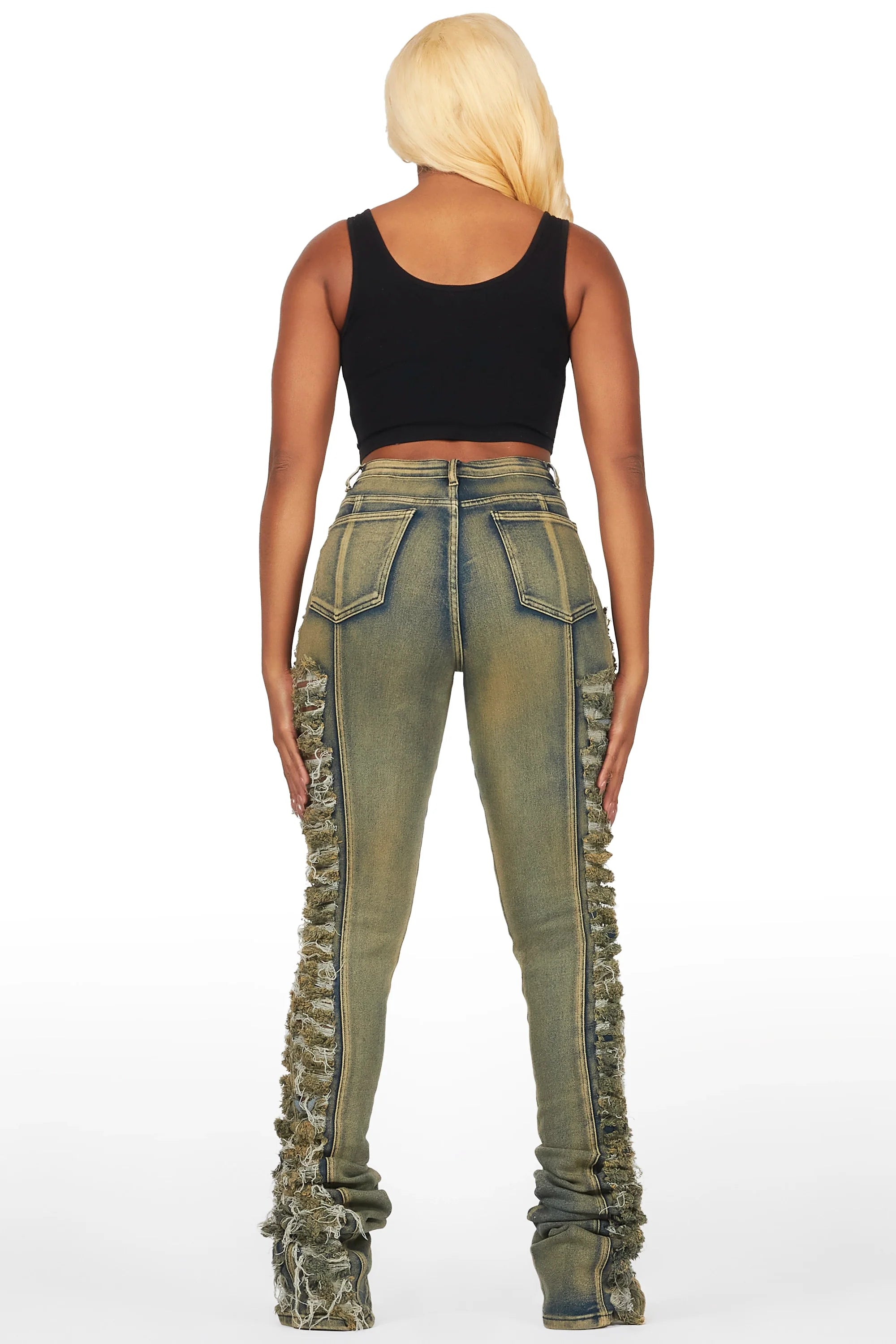 Erielle Tinted Dark Wash Mega Distressed Super Stacked Jean