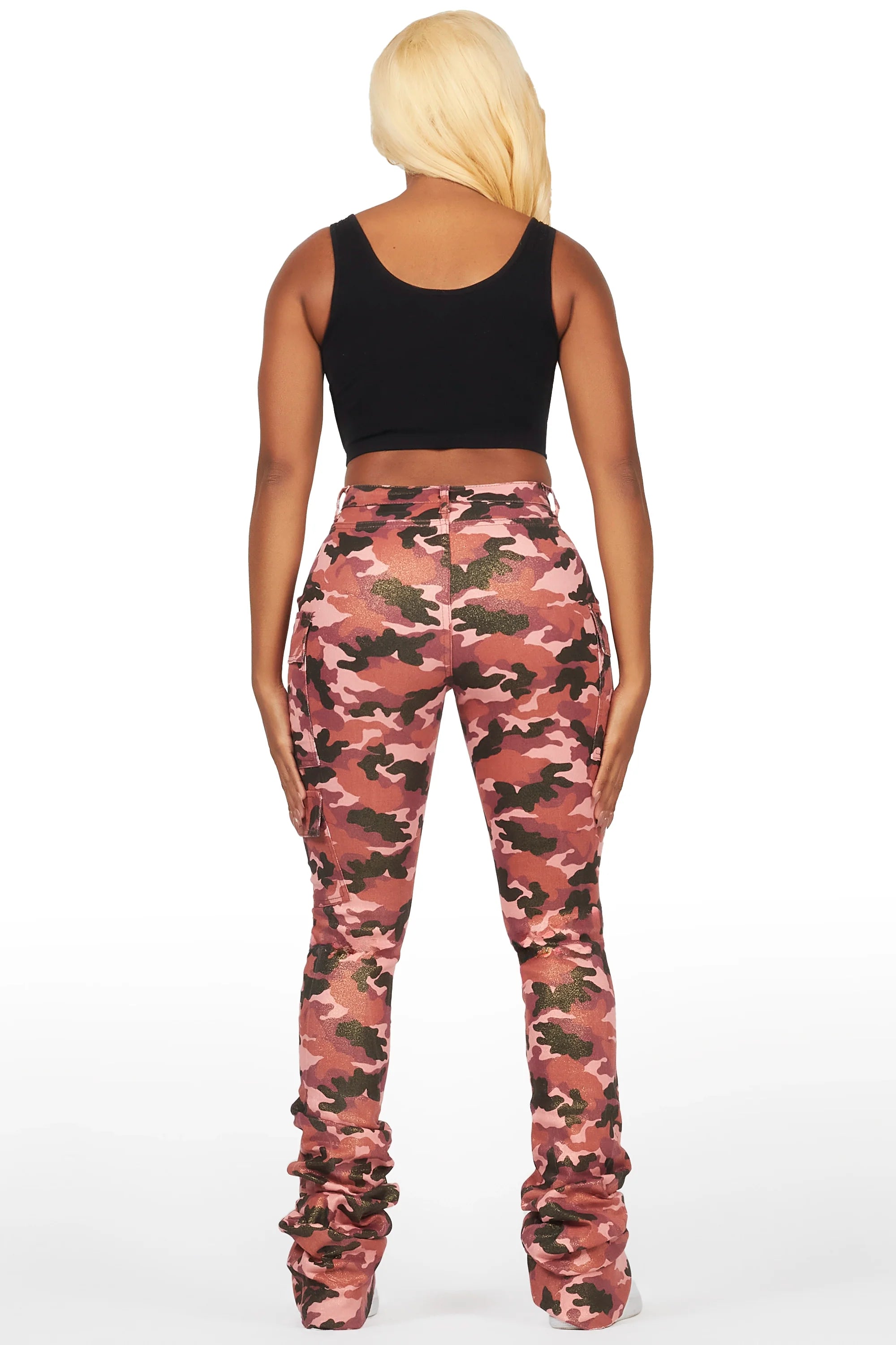 Alaysha Burgundy Camo Cargo Super Stacked PU Pant