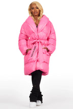 Sehrazat Hot Pink Long Wrap Puffer Jacket