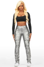 Teeoina Silver Coated Black Skinny Stacked PU Pant