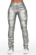 Teeoina Silver Coated Black Skinny Stacked PU Pant