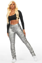 Teeoina Silver Coated Black Skinny Stacked PU Pant