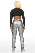 Teeoina Silver Coated Black Skinny Stacked PU Pant