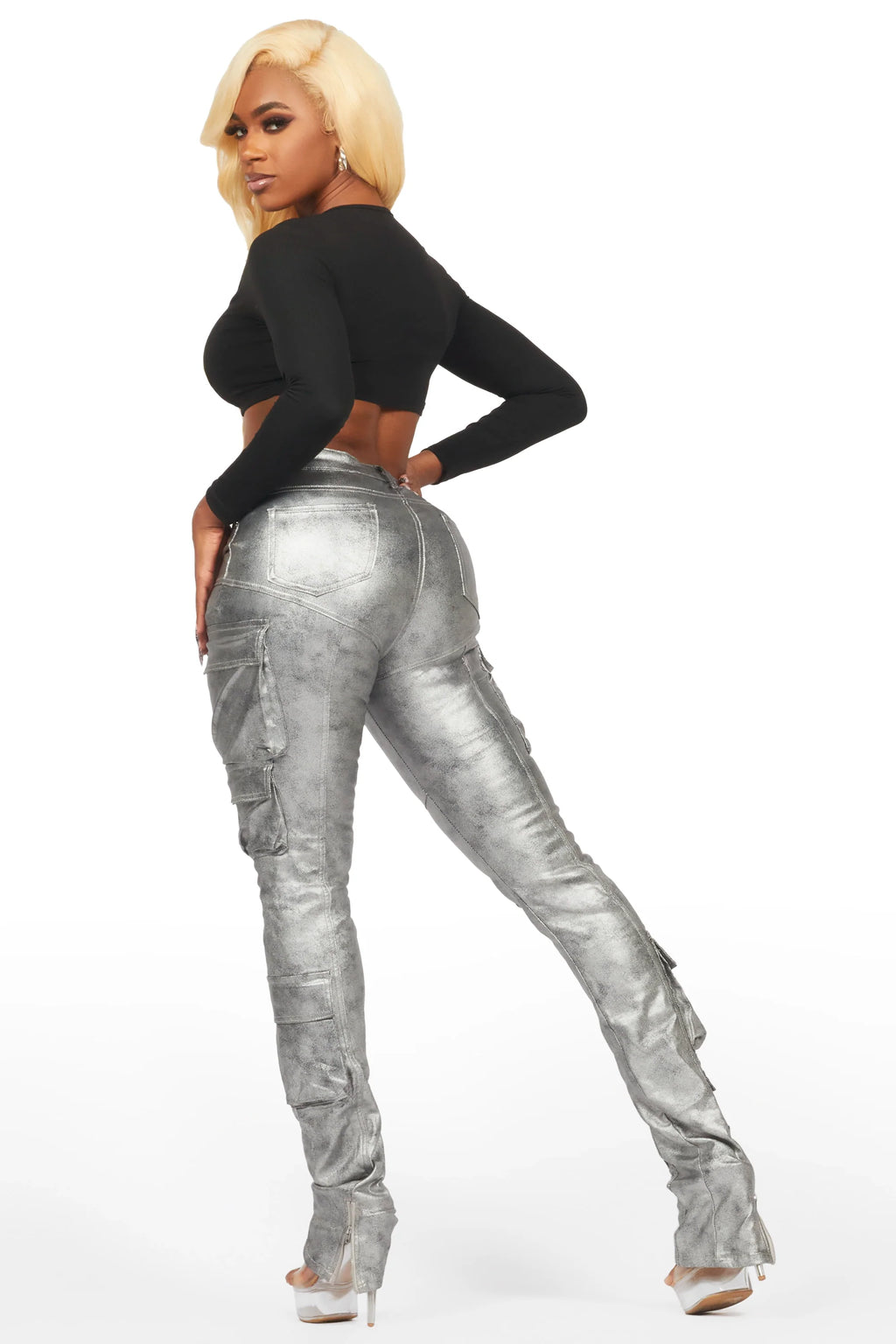 Teeoina Silver Coated Black Skinny Stacked PU Pant