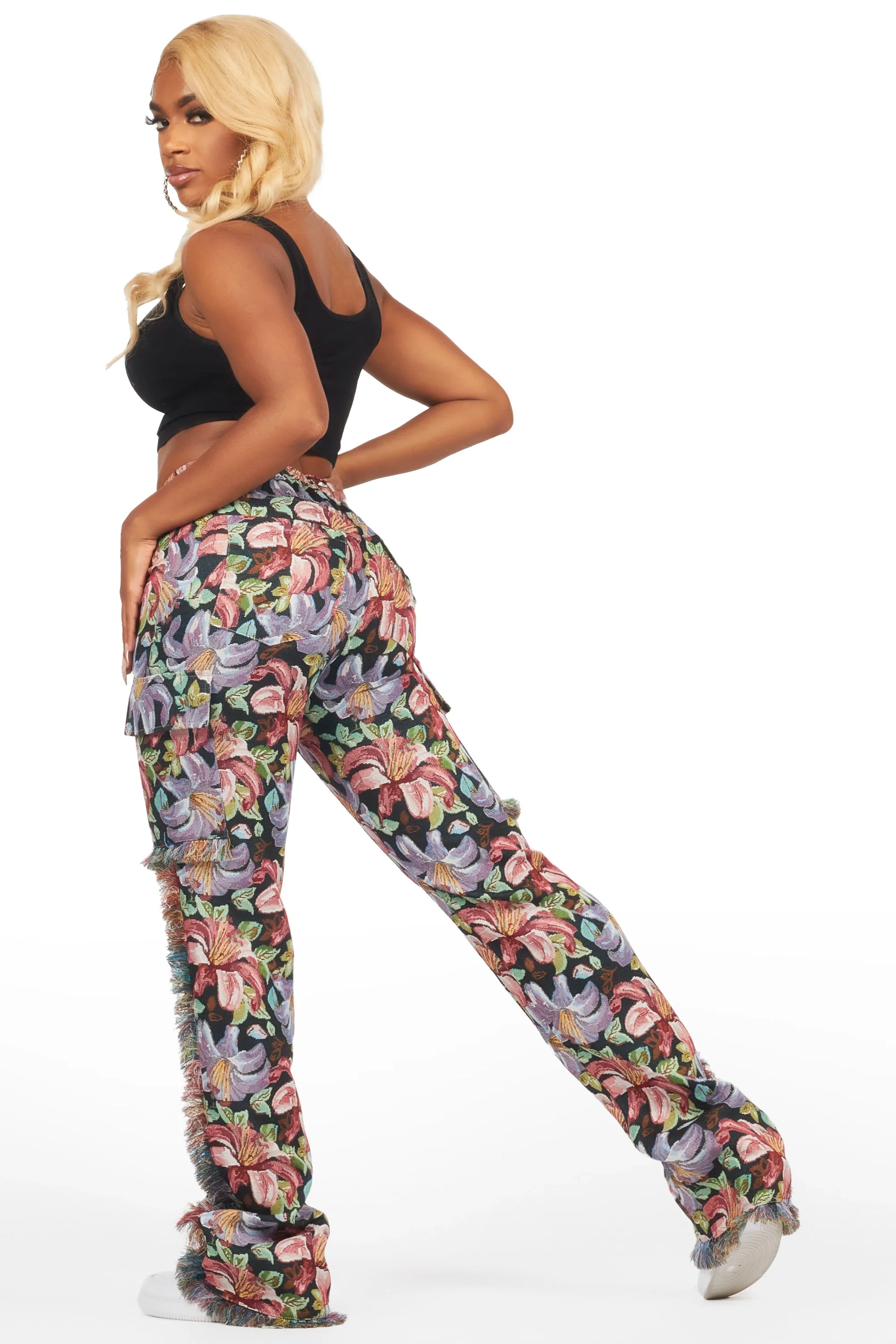 Tykima Black Floral Cargo Tapestry Stacked Pant