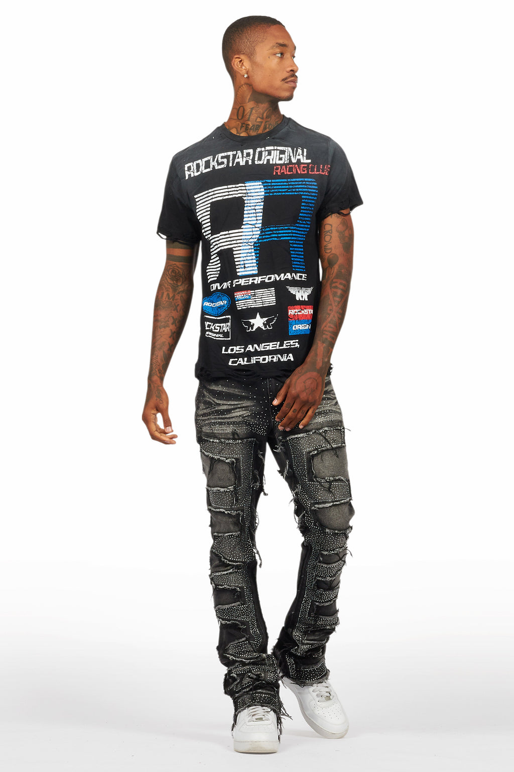 Shake Dark Grey Rhinestone Stacked Flare Jean