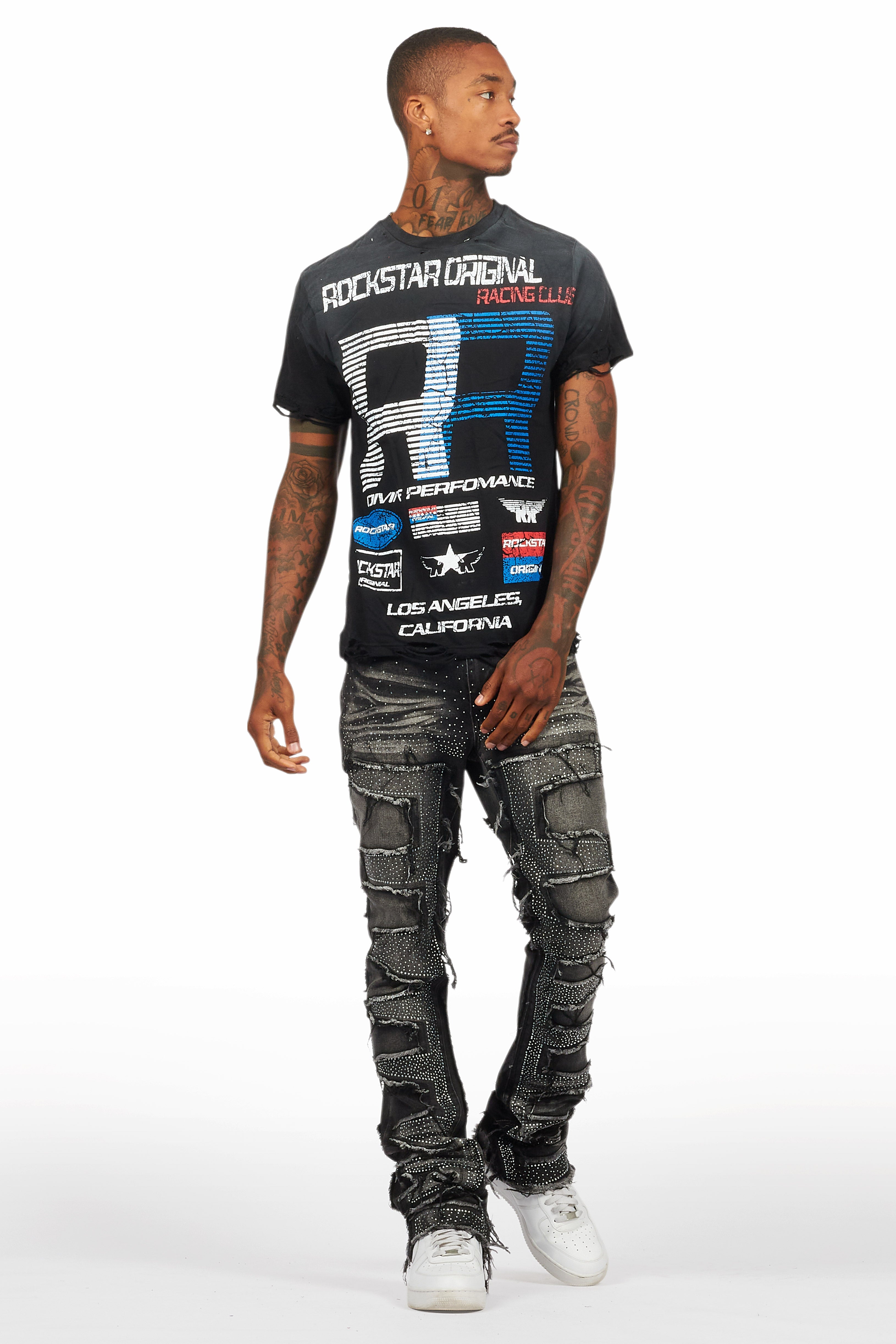 Shake Dark Grey Rhinestone Stacked Flare Jean