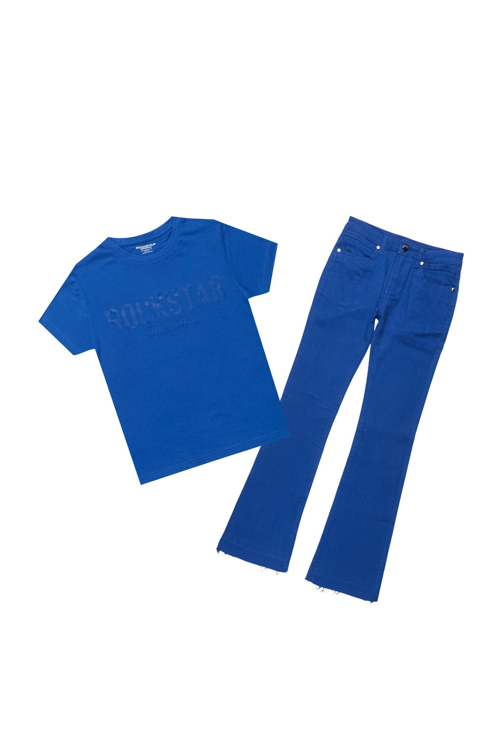 Boys Sana Royal Blue T-Shirt/Dag Stacked Flare Jean Set