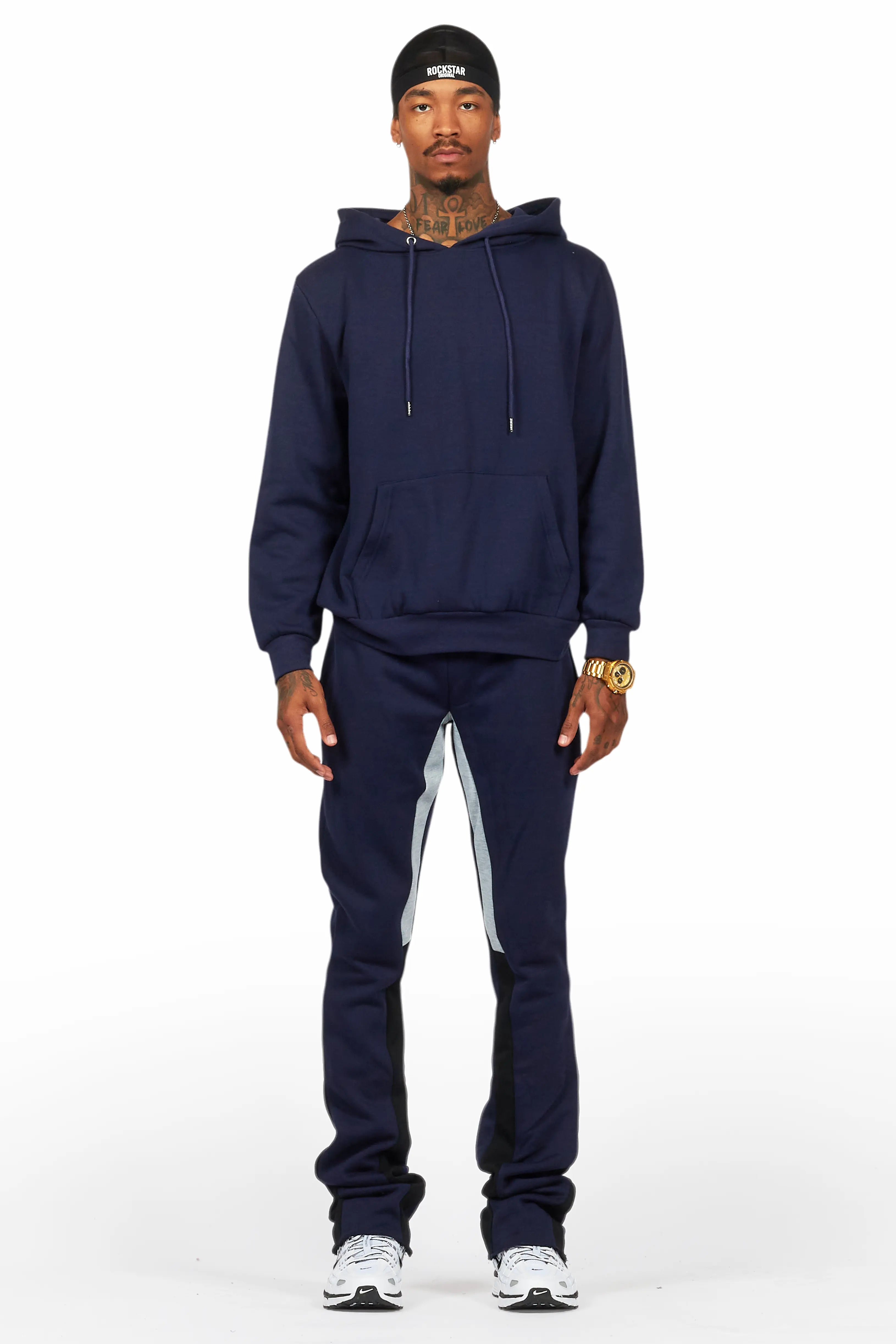 Basic Navy Hoodie/Stacked Flare Track Set