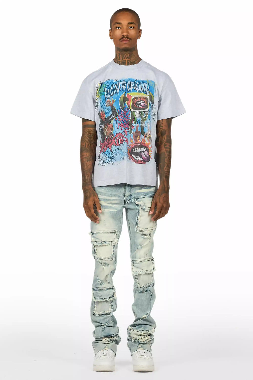Yooz Heather Grey/Blue Oversized T-Shirt/Super Stacked Flare Jean Bundle