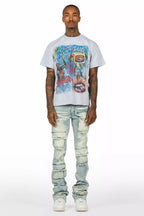 Yooz Heather Grey/Blue Oversized T-Shirt/Super Stacked Flare Jean Bundle