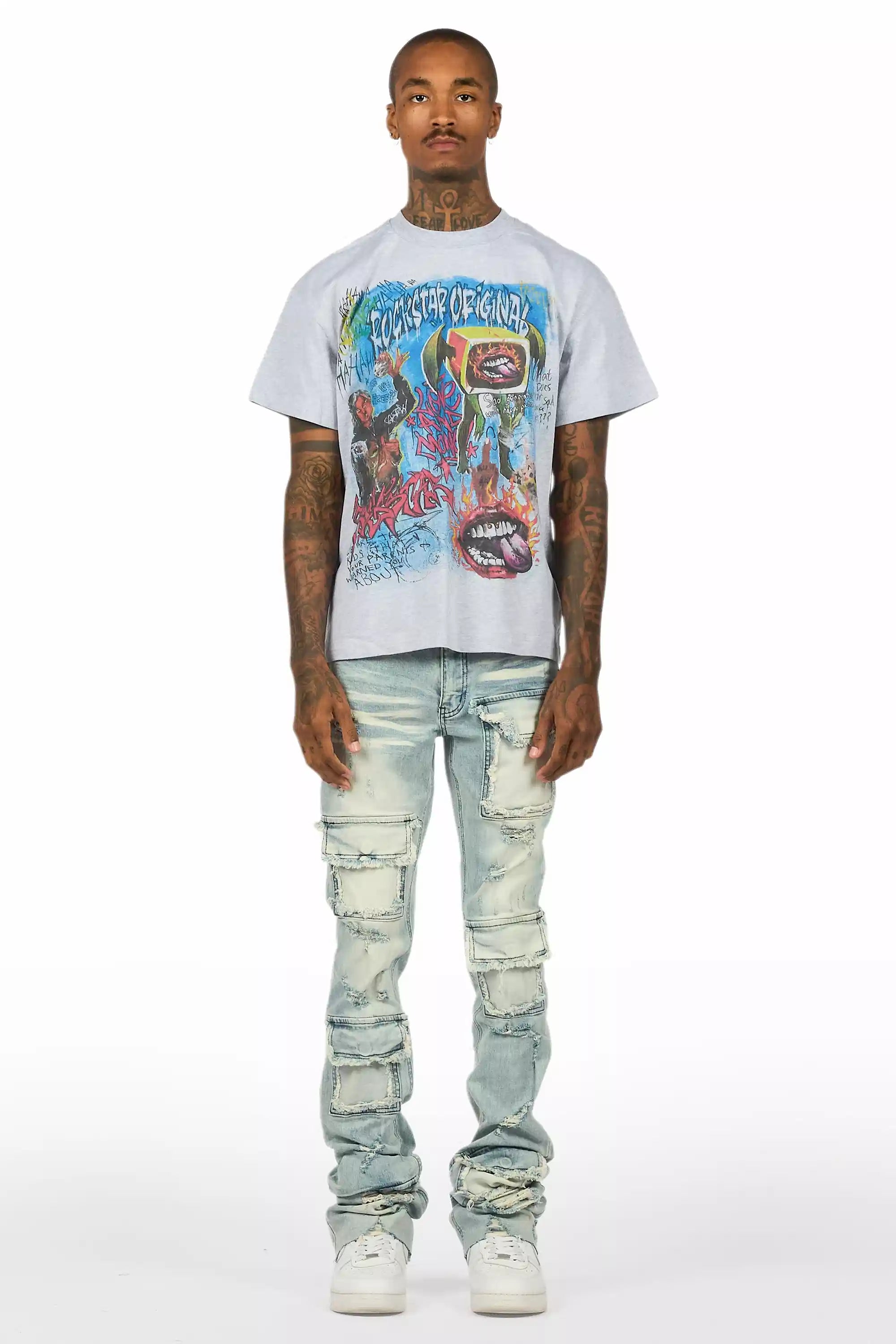 Yooz Heather Grey/Blue Oversized T-Shirt/Super Stacked Flare Jean Bundle