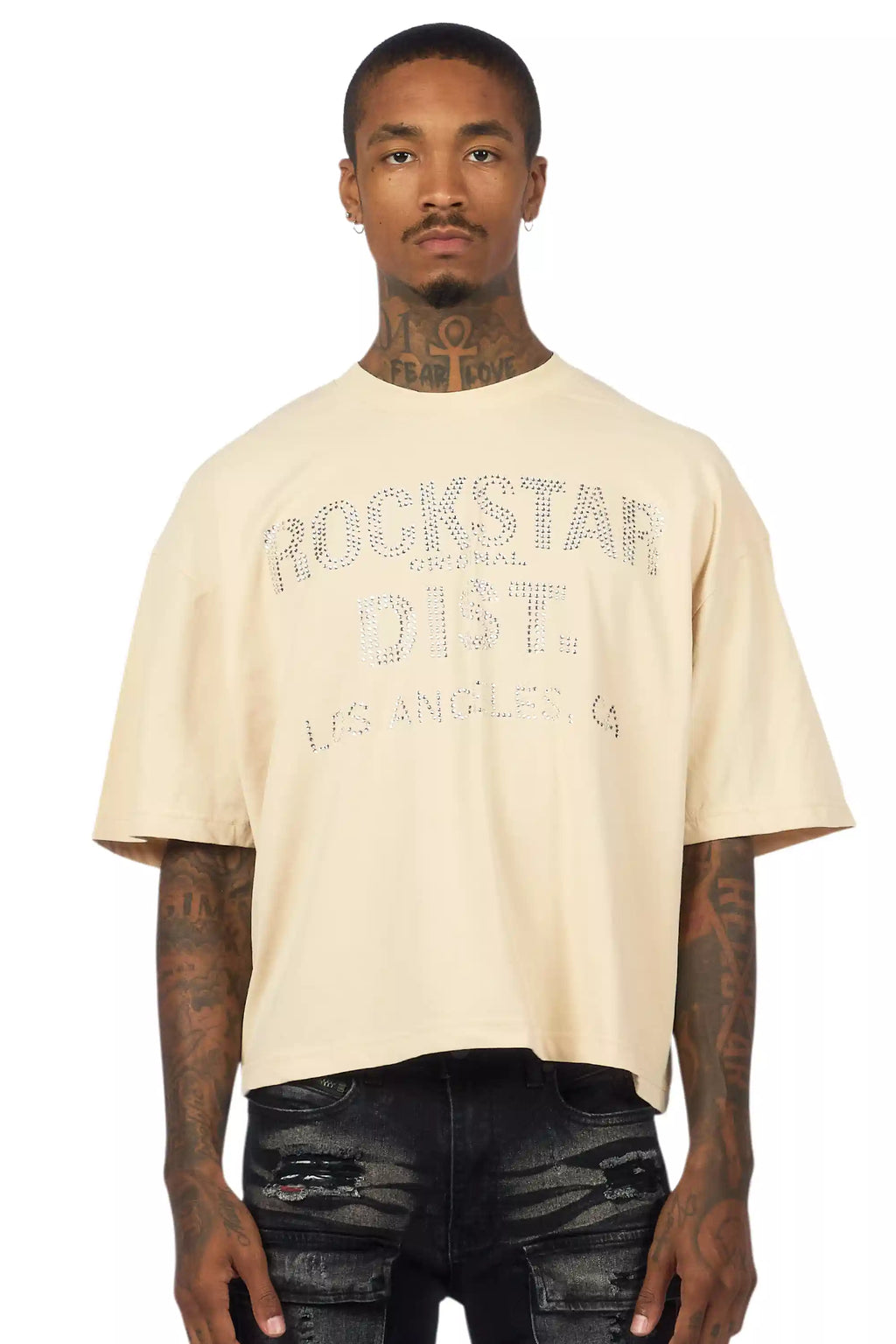 Lake Beige Rhinestone Boxy Crop T-Shirt