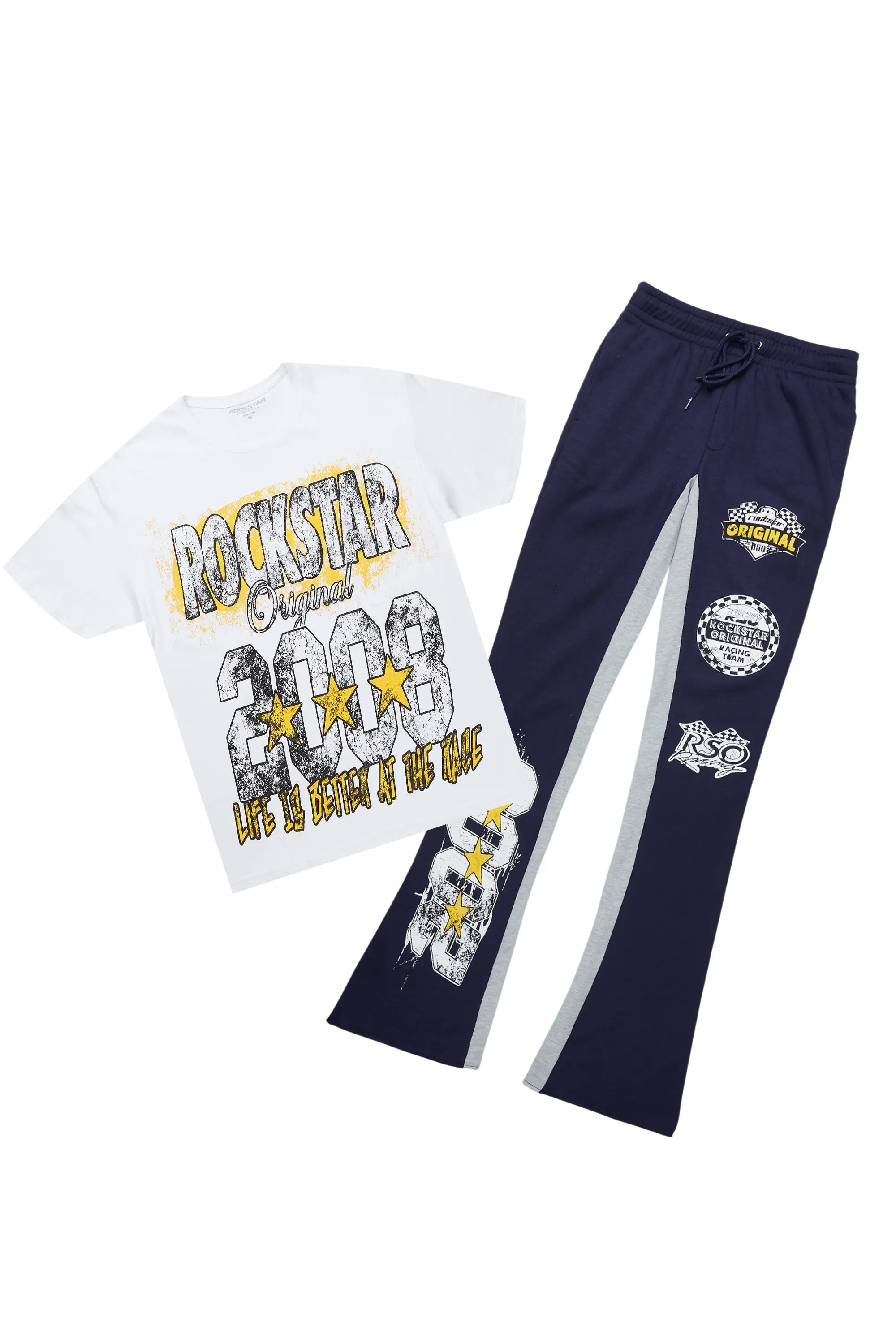 Racing Grung White/Navy T-Shirt/Stacked Baggy Track Pant Set