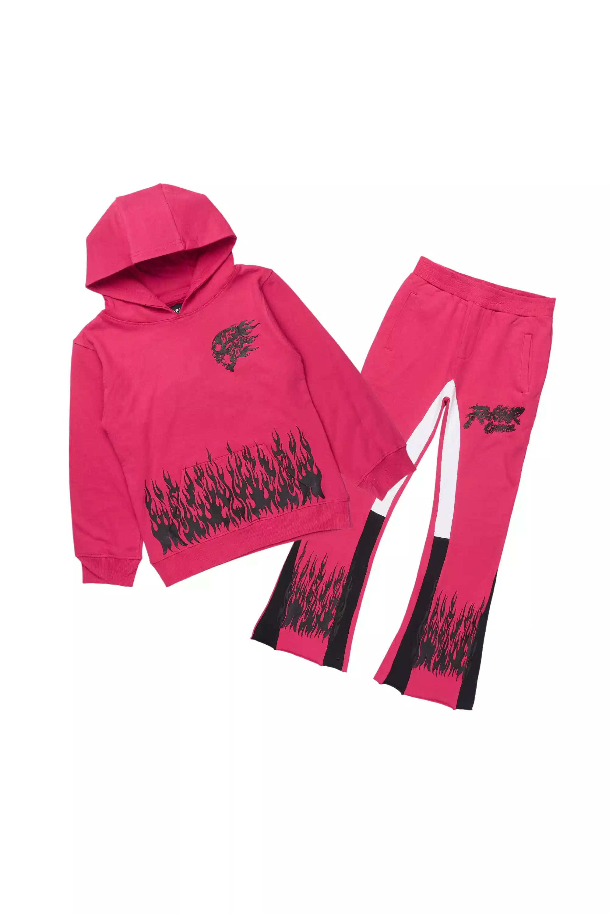 Girls Bubble Fuchsia/Black Hoodie Stacked Flare Track Set