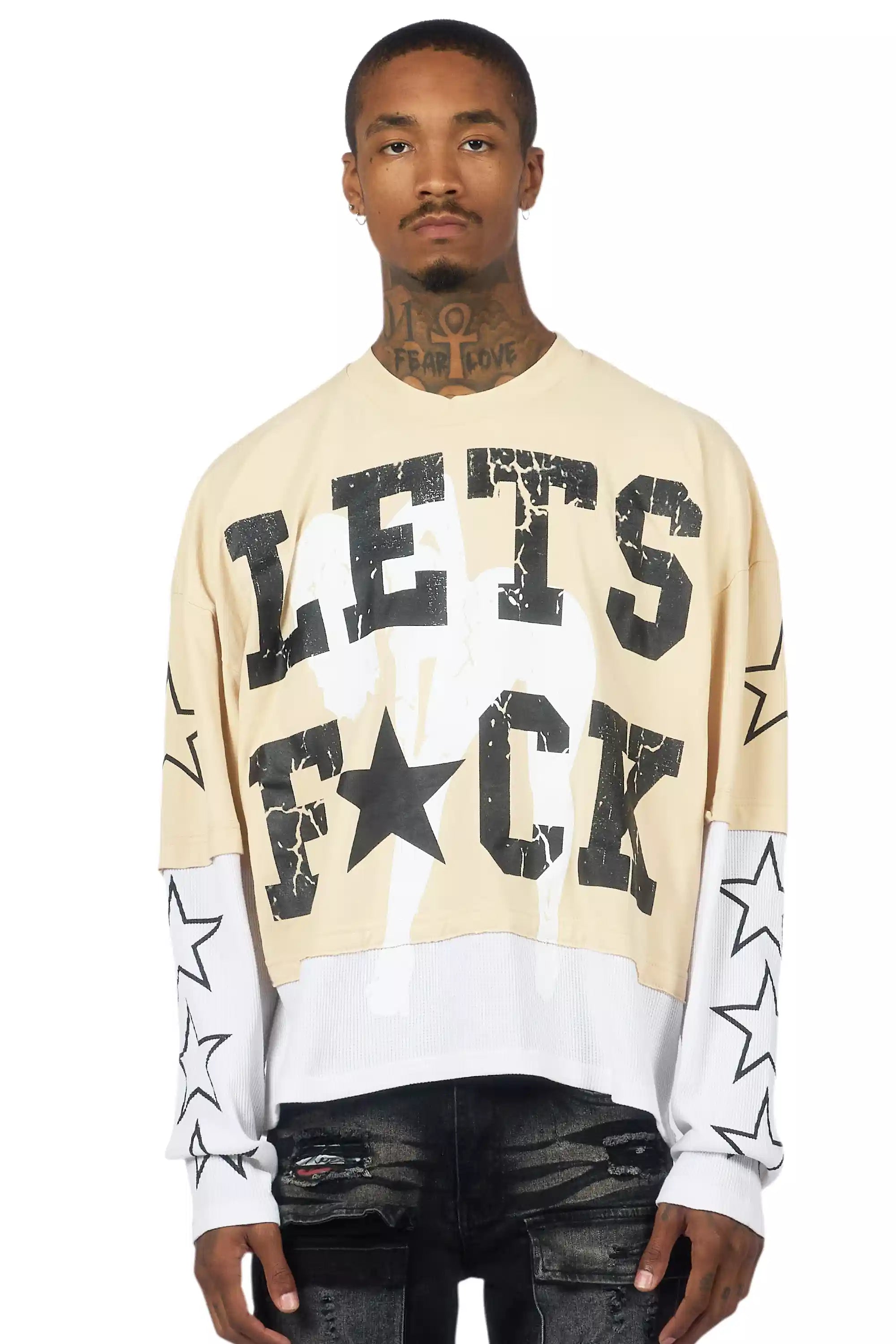 Pacino Beige/Black Boxy Crop Double Layer Tee