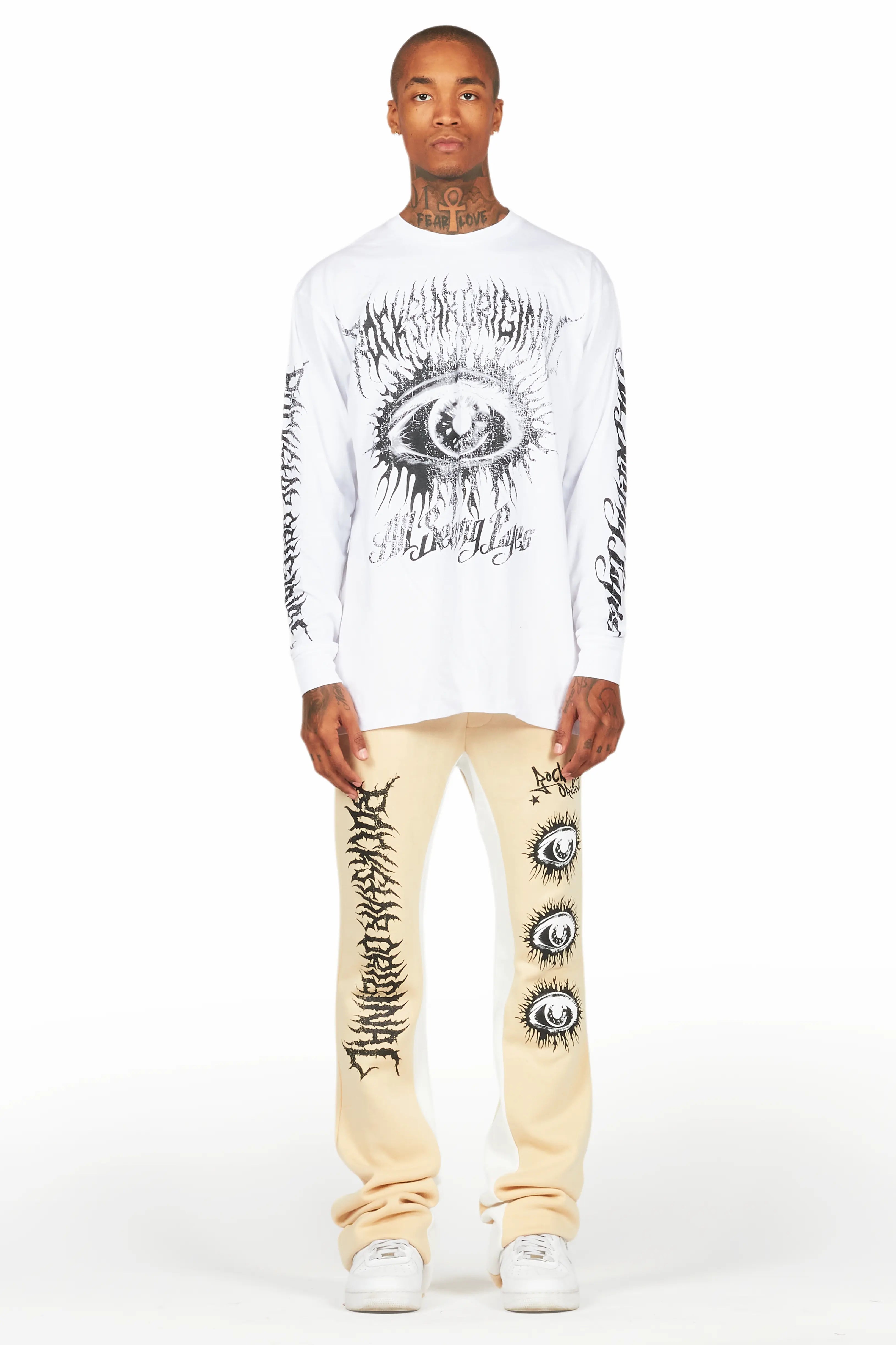 All Seeing Eyes White/Beige Long Sleeve T-Shirt/Baggy Pant Set