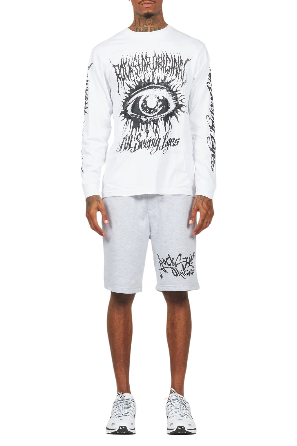All Seeing Eyes White/Grey Long Sleeve T-Shirt Short Set