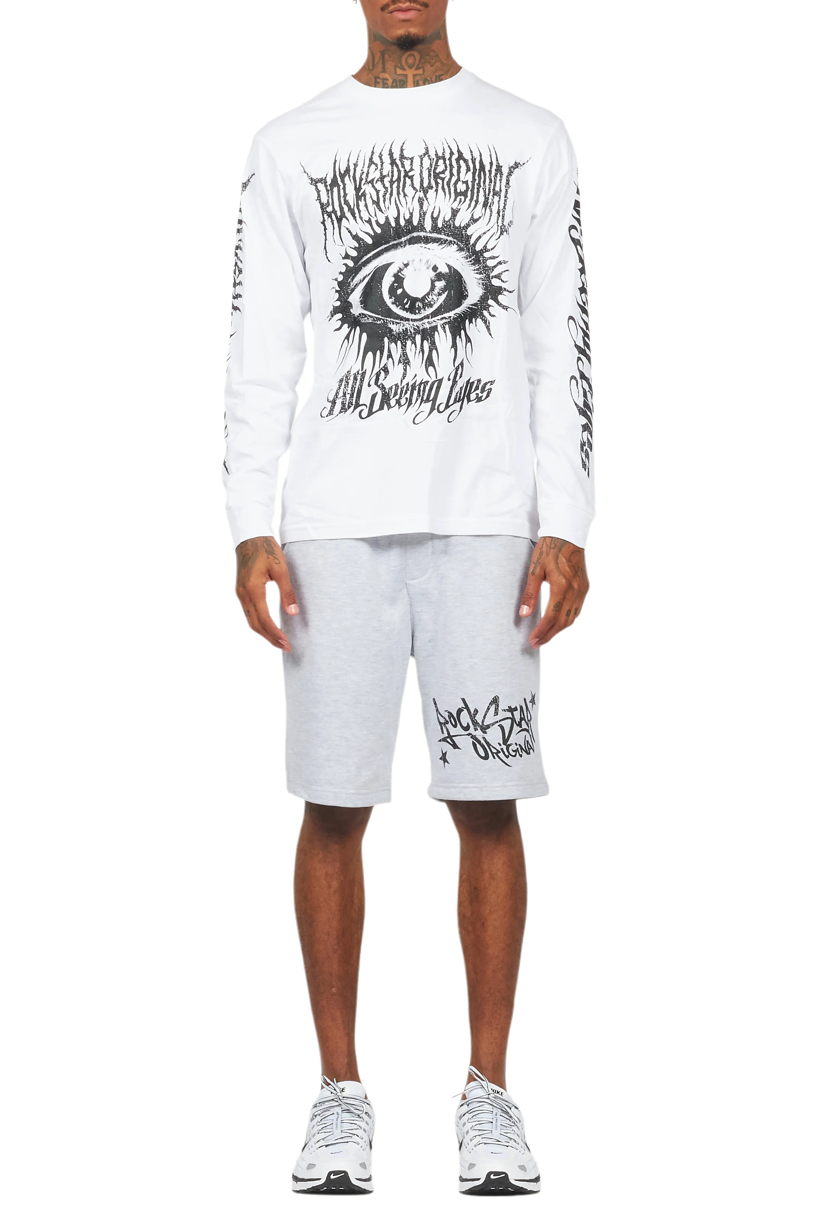 All Seeing Eyes White/Grey Long Sleeve T-Shirt Short Set