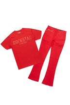 Sana Red T-Shirt/Dag Stacked Flare Jean Set