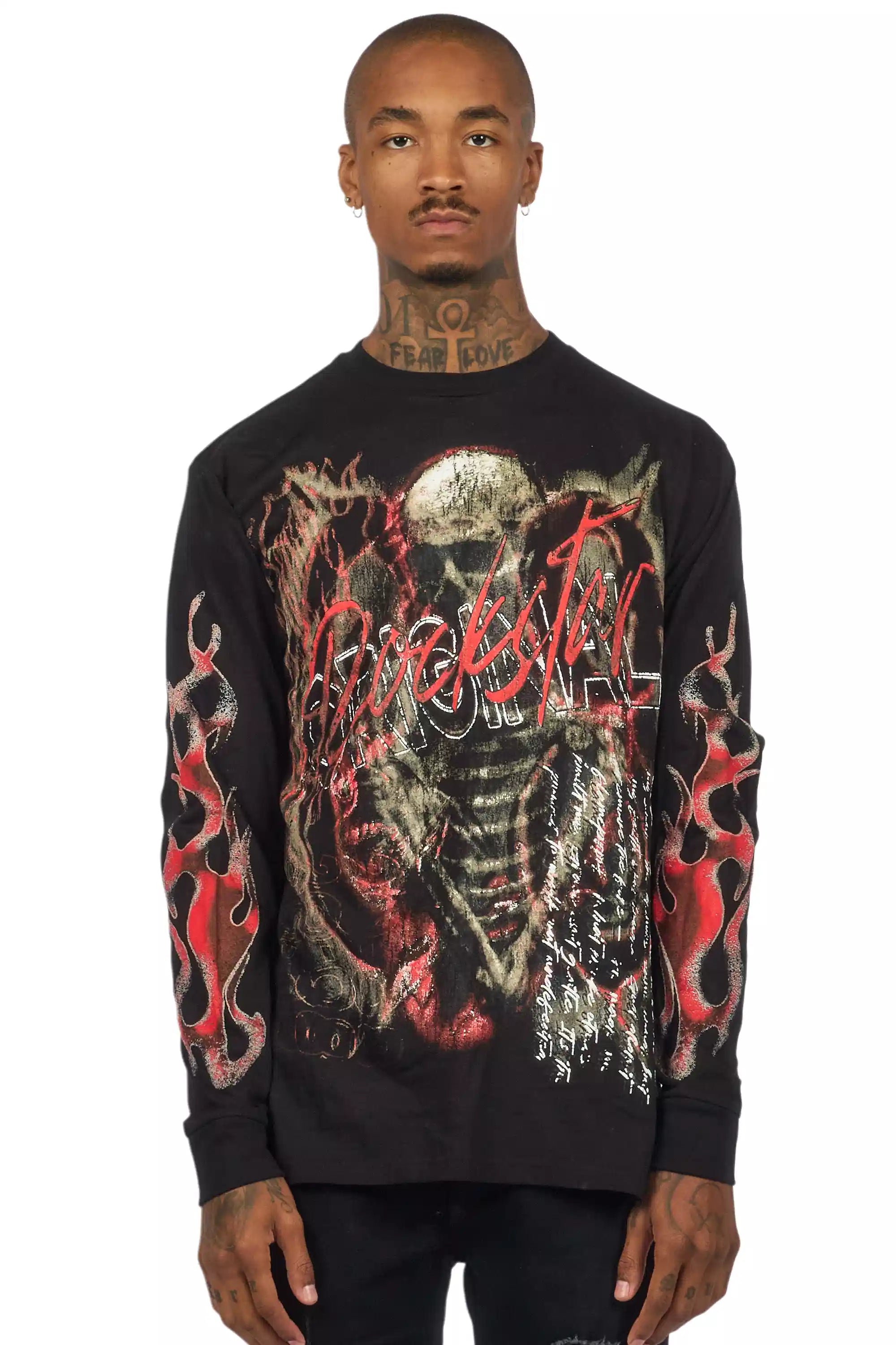 Scipt Black/Red Long Sleeve Graphic T-Shirt