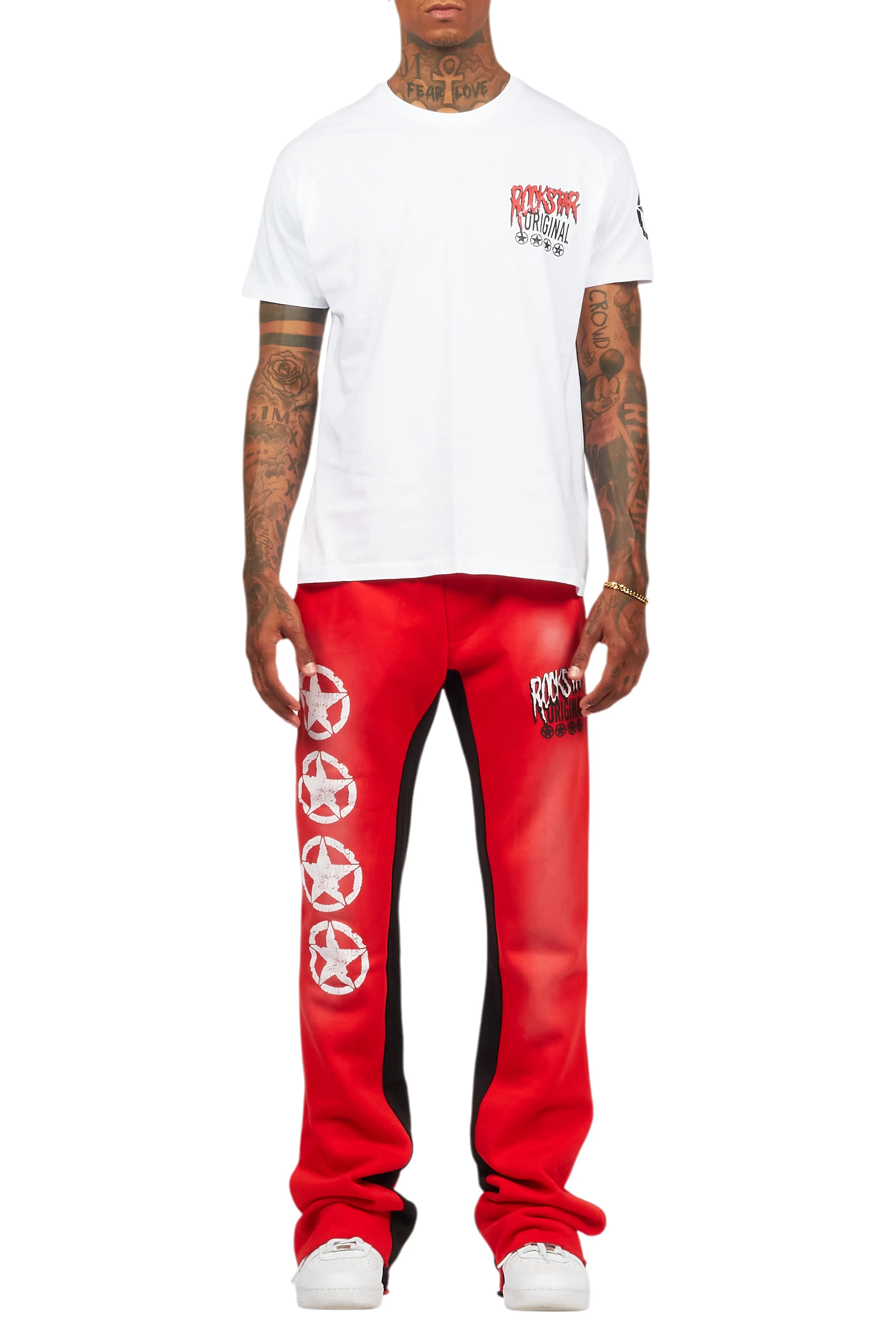 Wizzurd White/Red T-Shirt/Stacked Baggy Track Pant Set