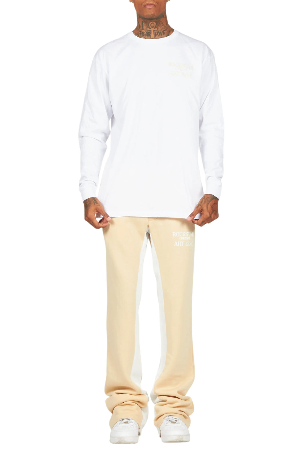 Briggs White/Beige Long Sleeve T-Shirt/Baggy Pant Set