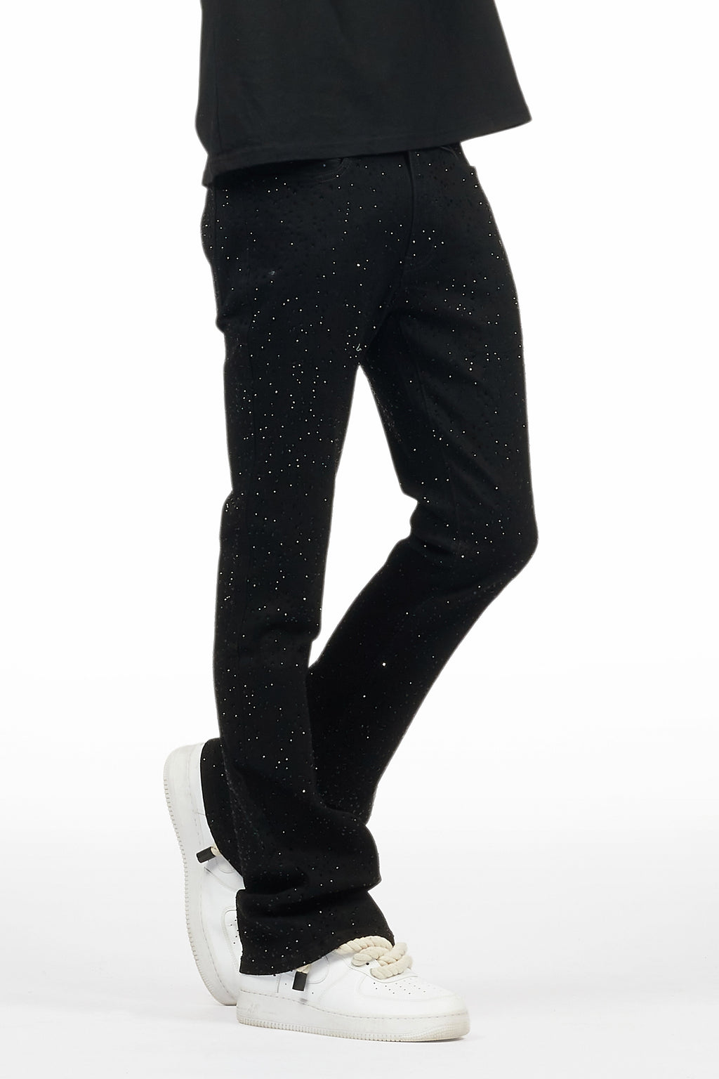 Lucki Black Rhinestone Stacked Flare Jean