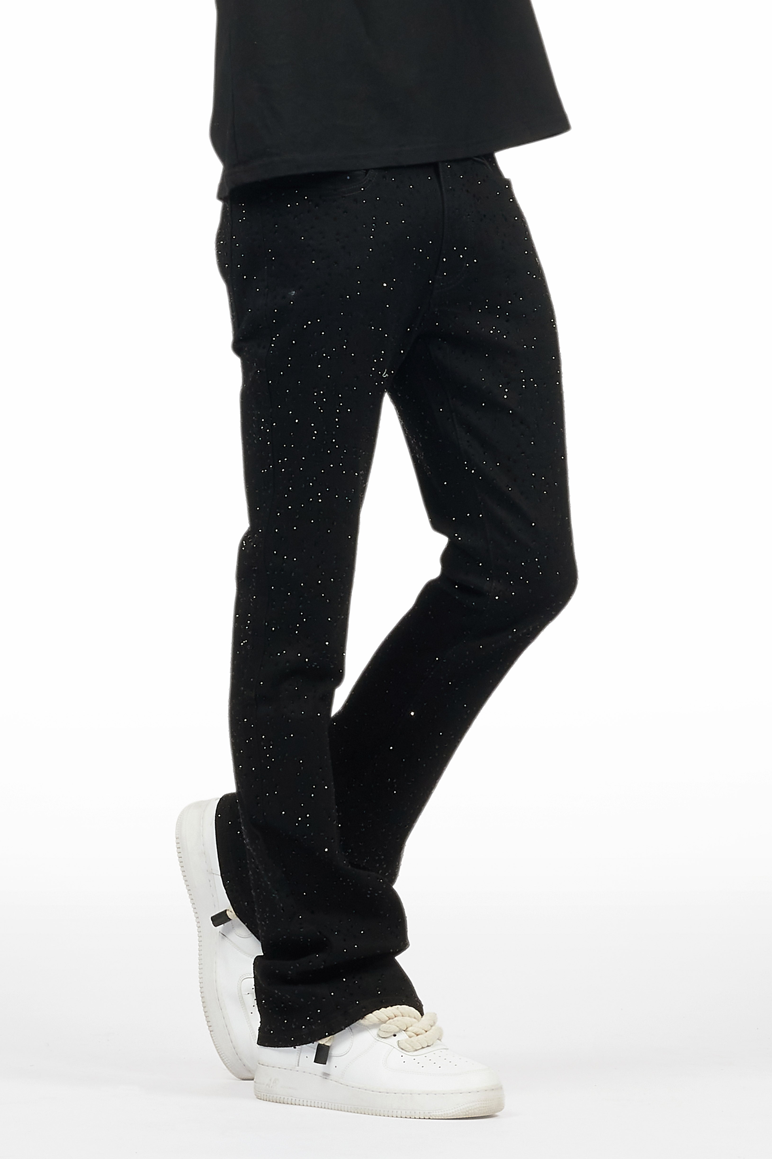 Lucki Black Rhinestone Stacked Flare Jean
