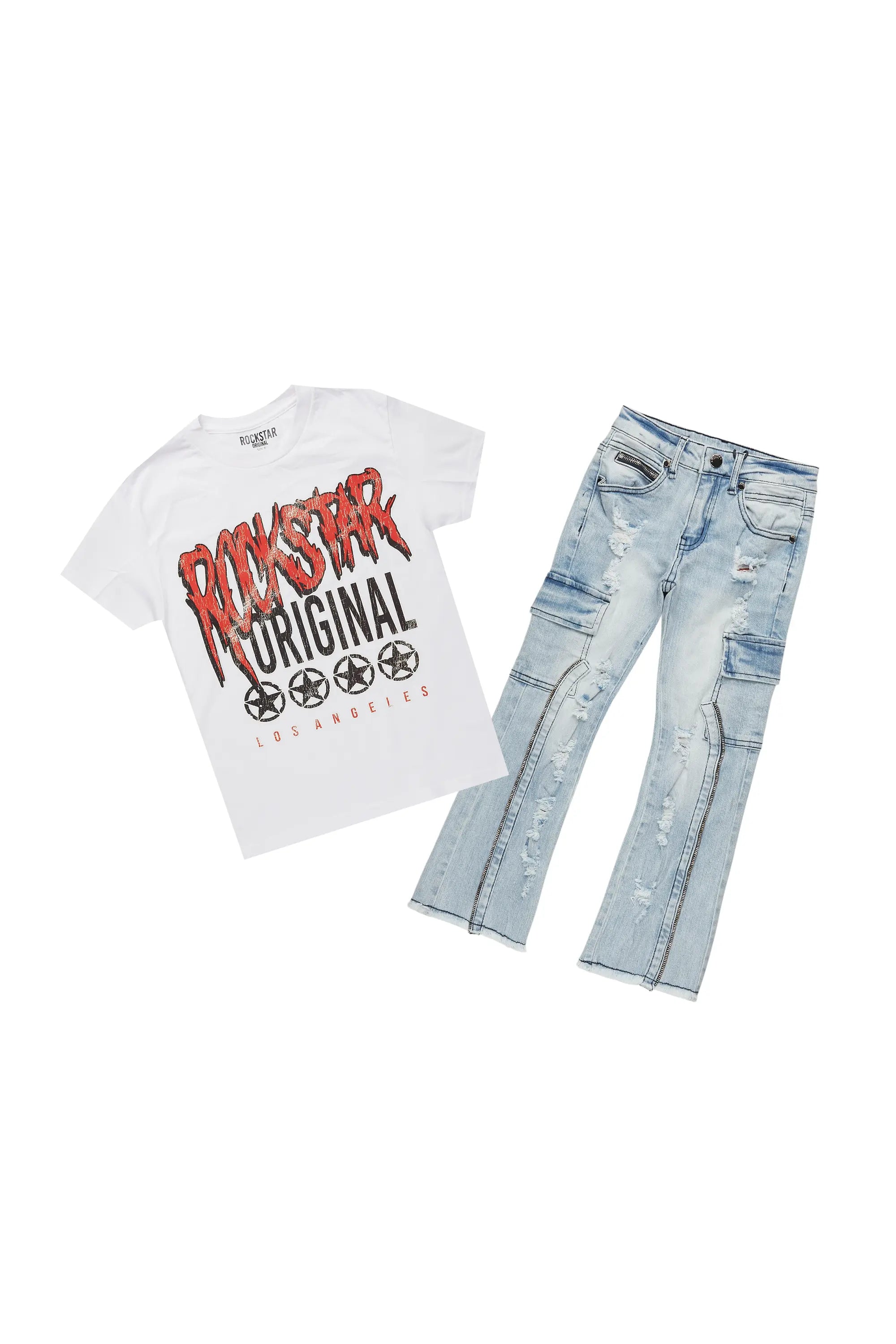 Boys Wizzurd White/Red T-Shirt/Stacked Flare Jean Set