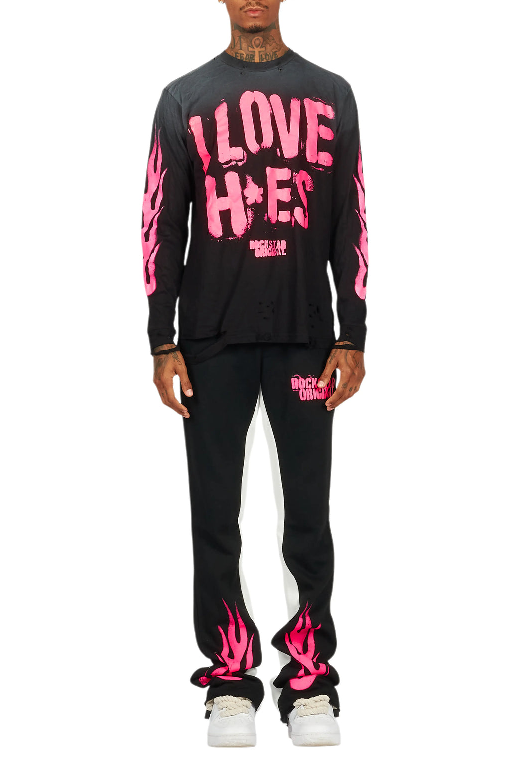 Banyan Black/Pink Long Sleeve T-Shirt/Stacked Baggy Track Pant Set