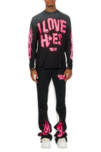 Banyan Black/Pink Long Sleeve T-Shirt/Stacked Baggy Track Pant Set