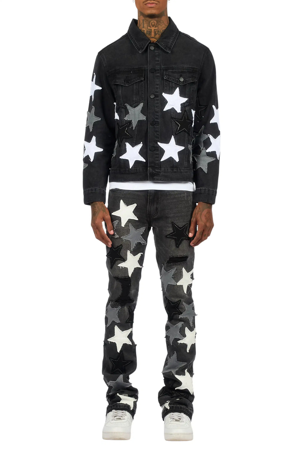 Starlane Jet Black Denim Jacket/Stacked Flare Jean Set