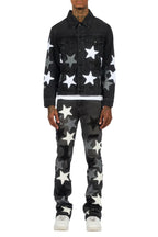 Starlane Jet Black Denim Jacket/Stacked Flare Jean Set