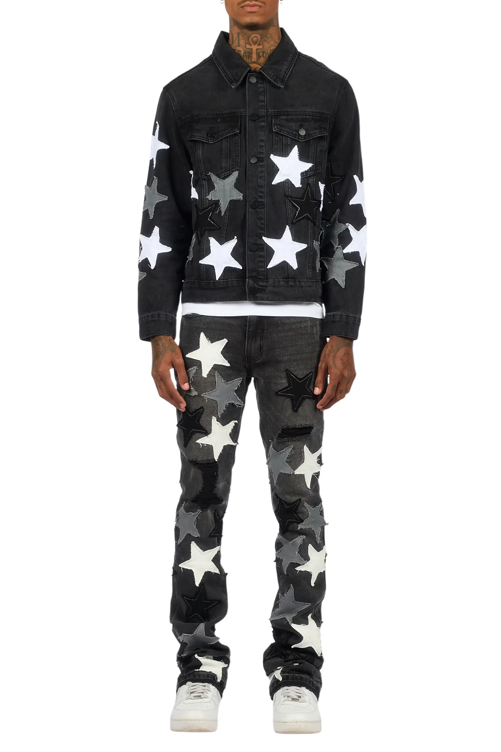Starlane Jet Black Denim Jacket/Stacked Flare Jean Set