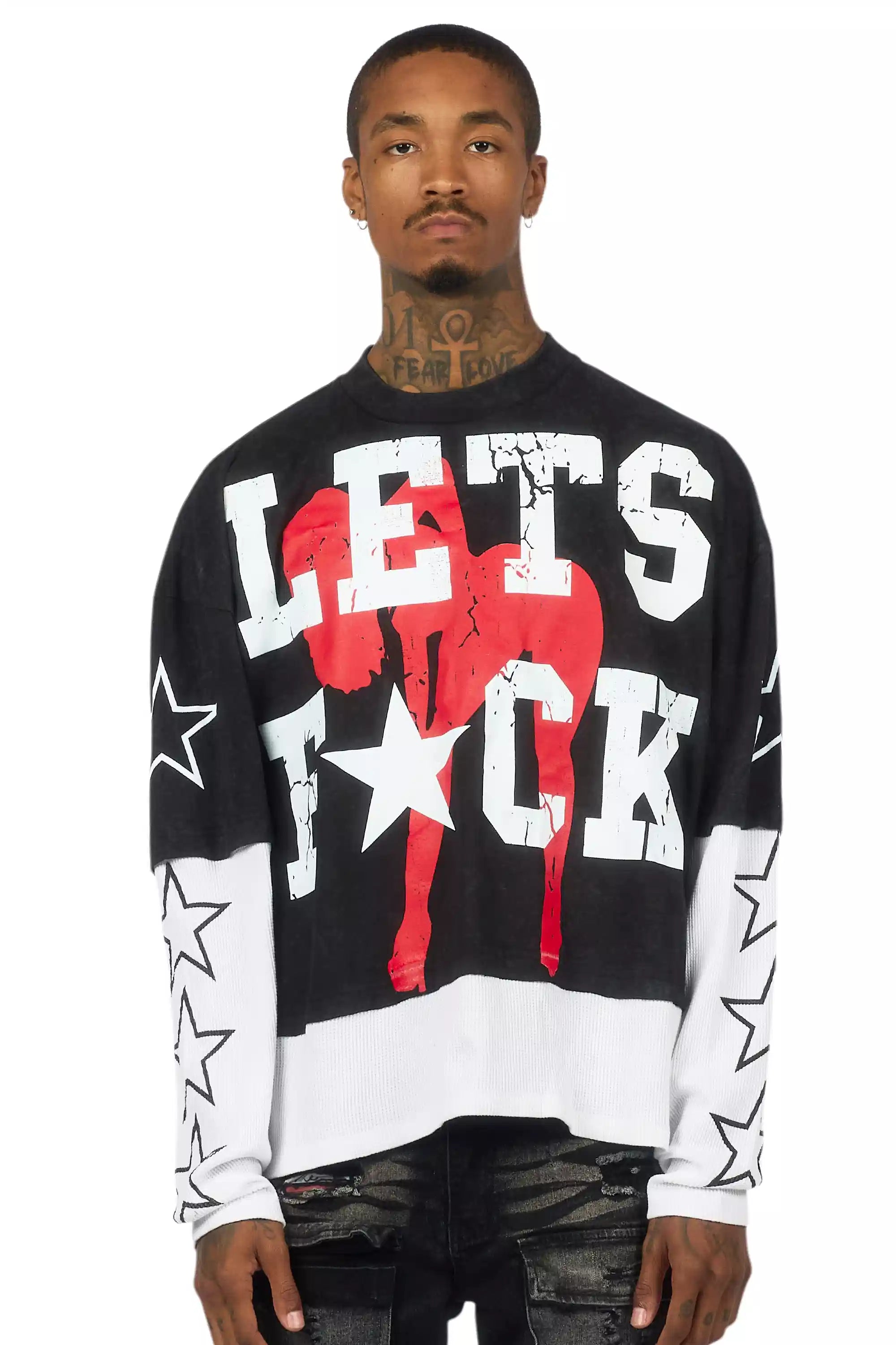 Pacino Vintage Black/White Boxy Crop Double Layer Tee