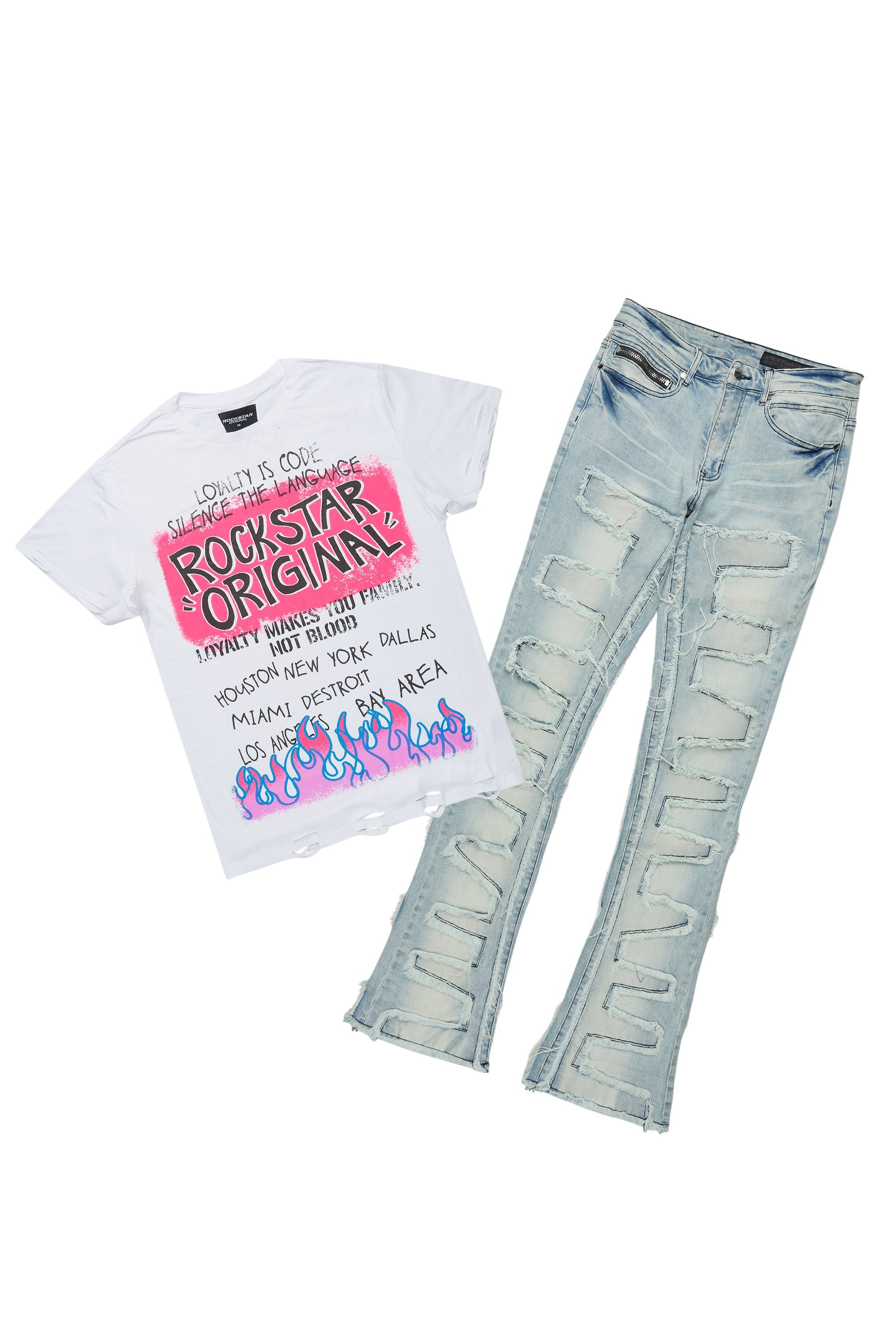 Beno White T-Shirt & Shake Blue Stacked Flare Jean Bundle