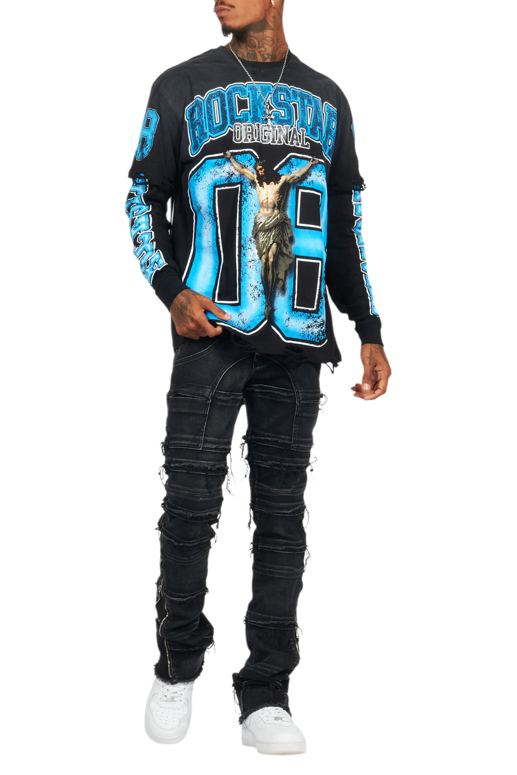 Fields Black/Blue Double Layer Long Sleeve Graphic T-Shirt
