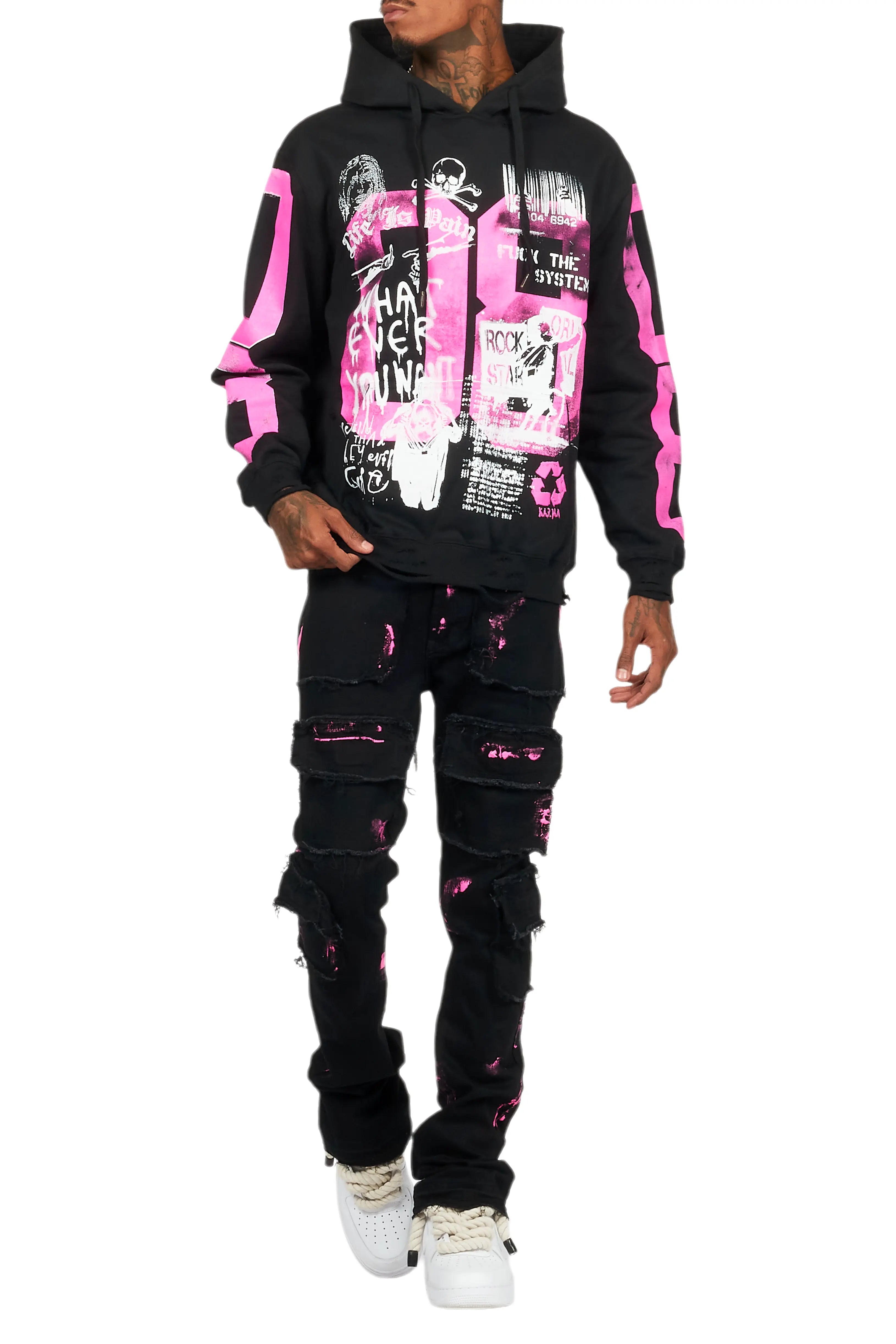 Grill Black/Pink Hoodie/Stacked Flare Jean Bundle