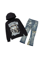 Boys Waller Black Hoodie & Zeta Blue Stacked Jean Set