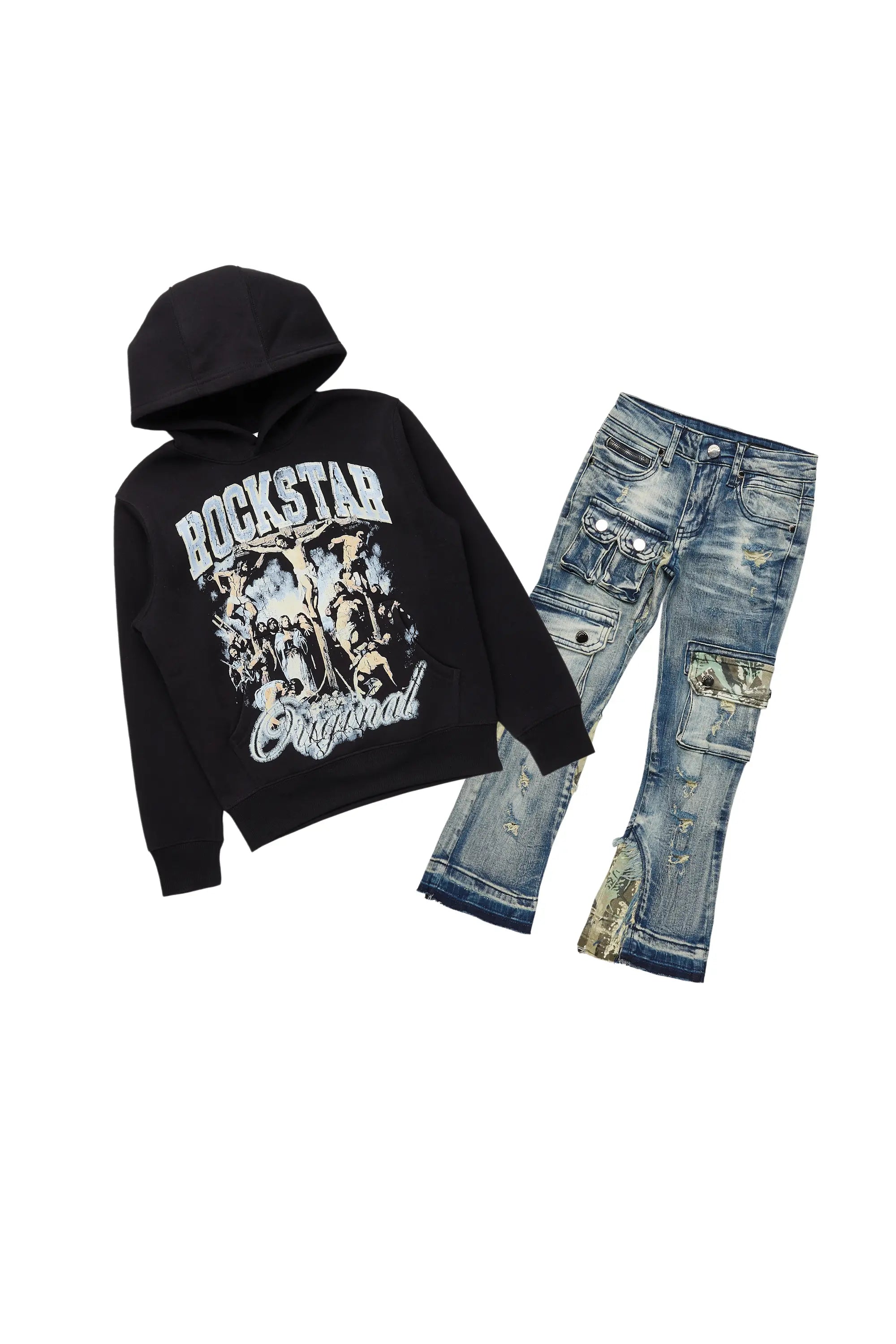 Boys Waller Black Hoodie & Zeta Blue Stacked Jean Set