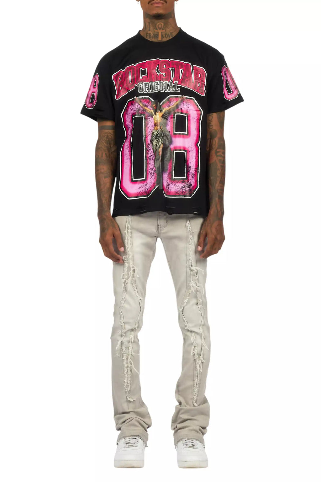 Fields Black Oversized Graphic T-Shirt/Painted Stacked Flare Jean