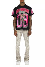 Fields Black Oversized Graphic T-Shirt/Painted Stacked Flare Jean