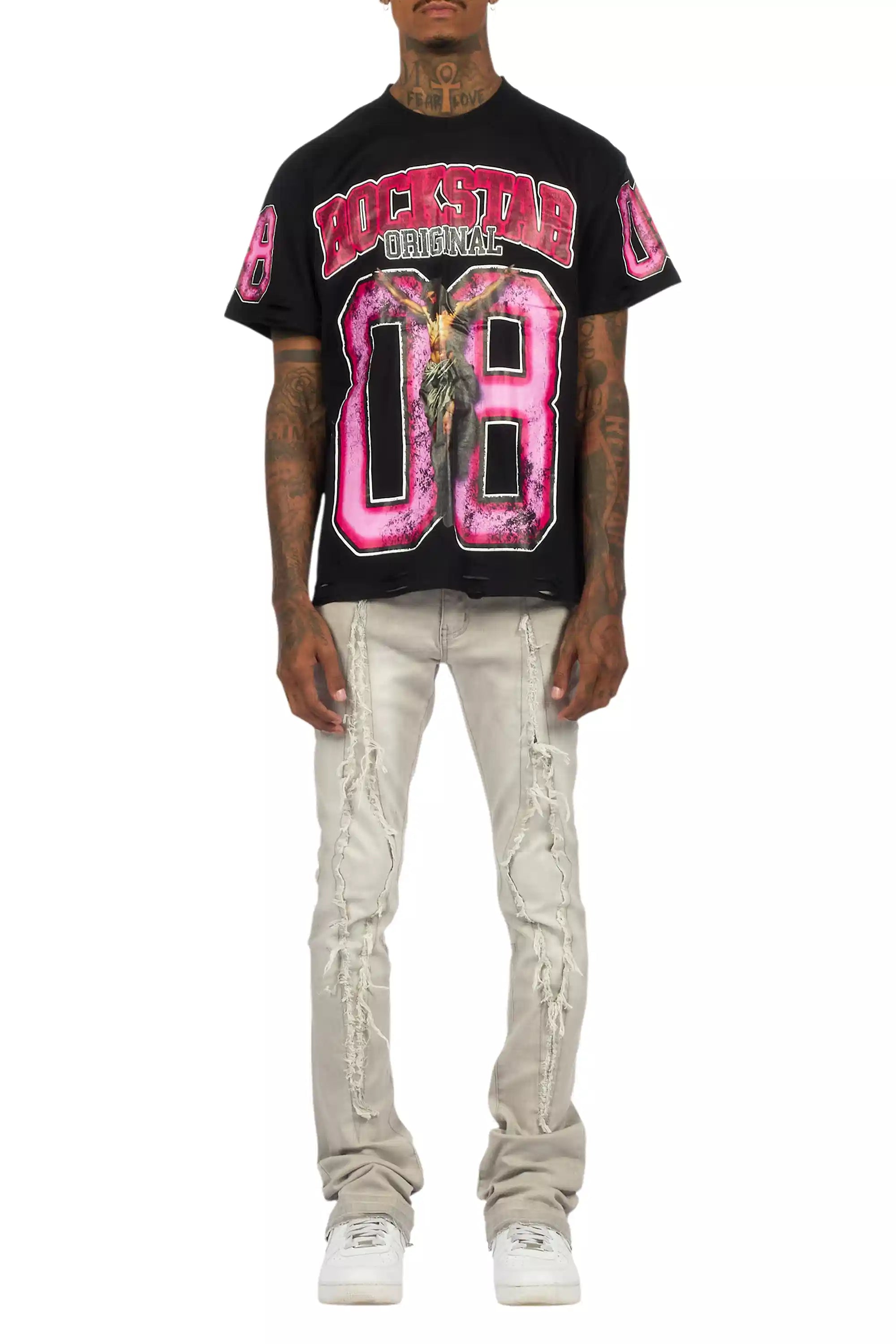 Fields Black Oversized Graphic T-Shirt/Painted Stacked Flare Jean