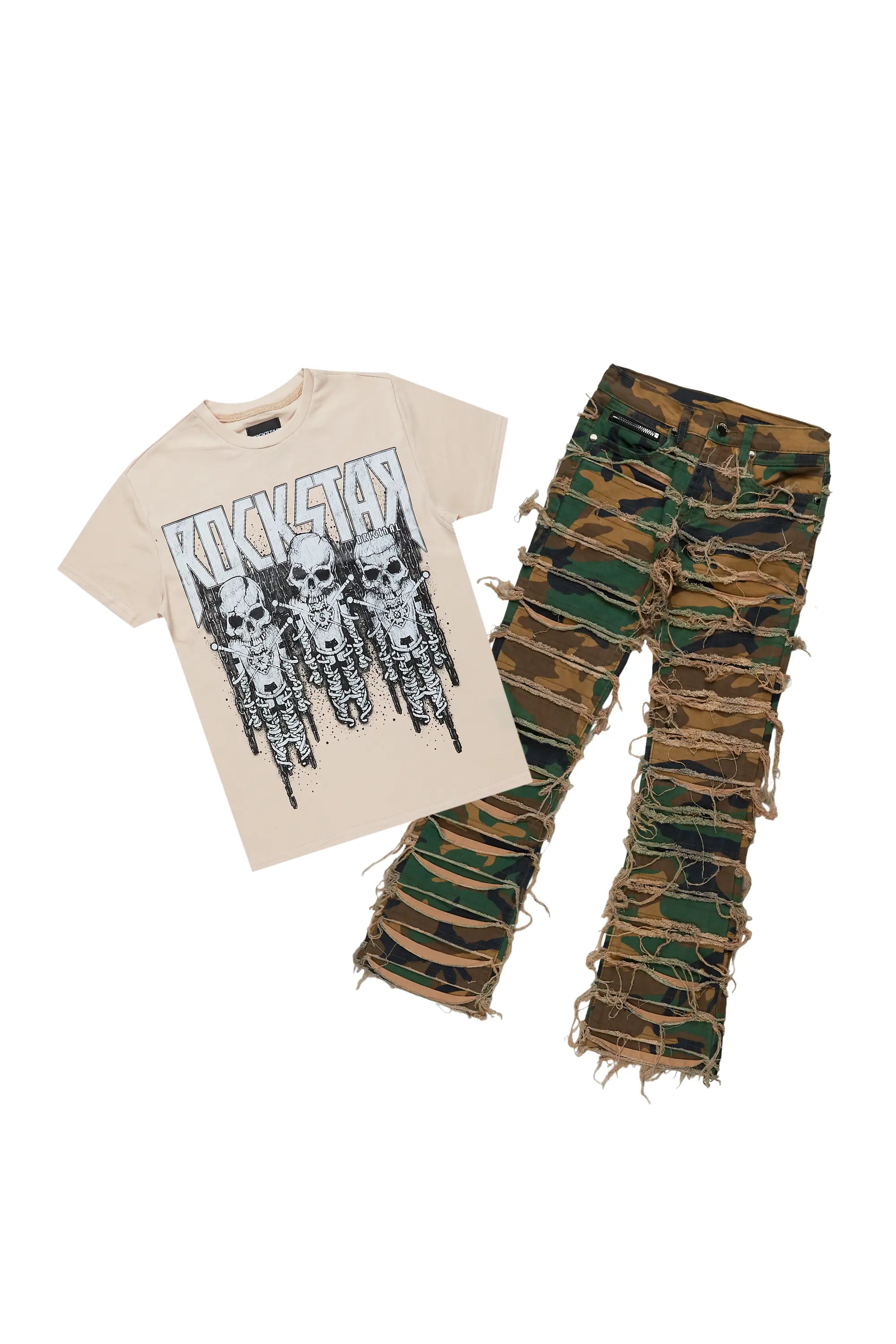 Boys Sabbath Beige/Camo T-Shirt/Stacked Flare Jean Set