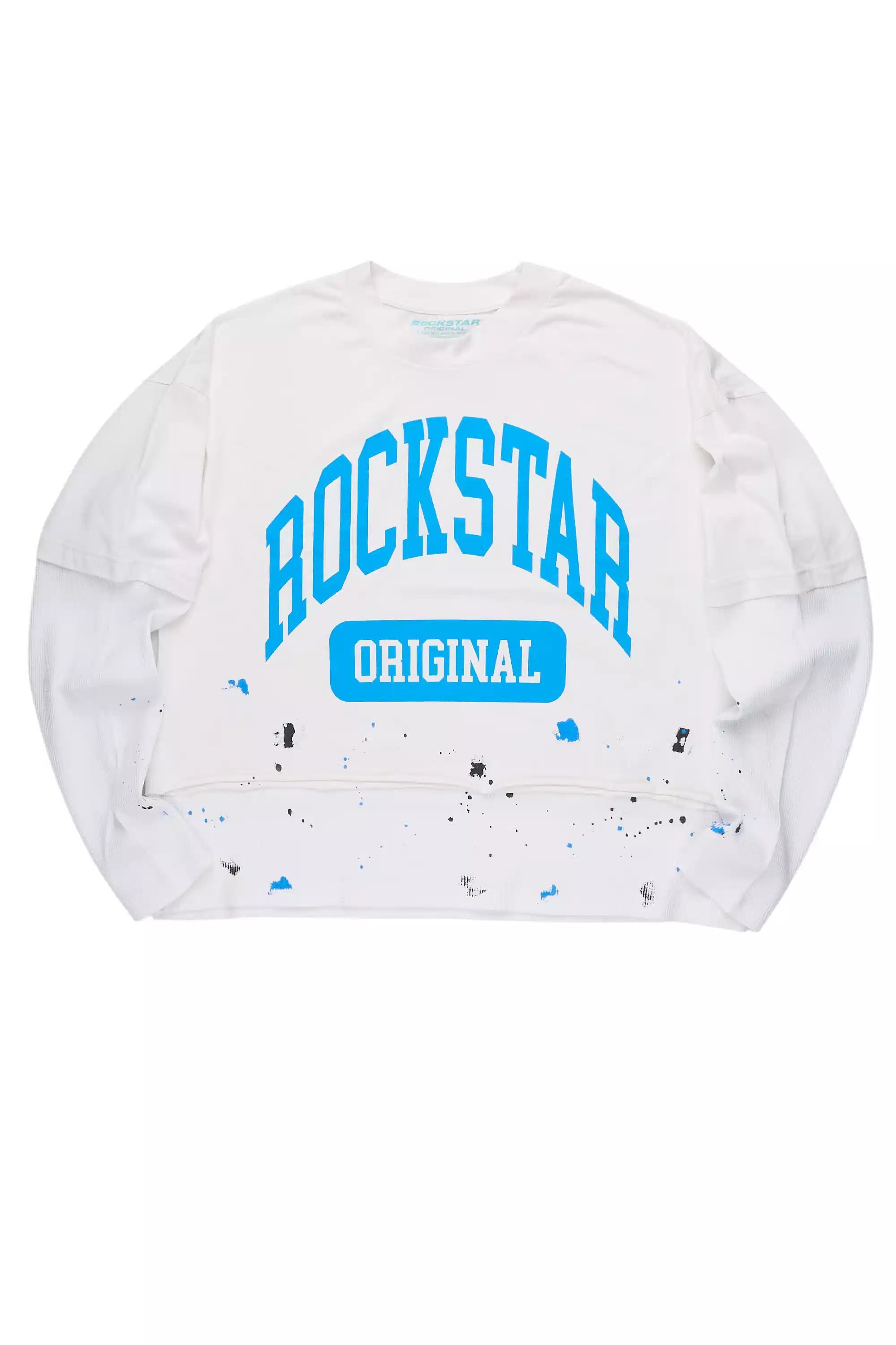 Rainer White/Blue Boxy Crop Double Layer Tee