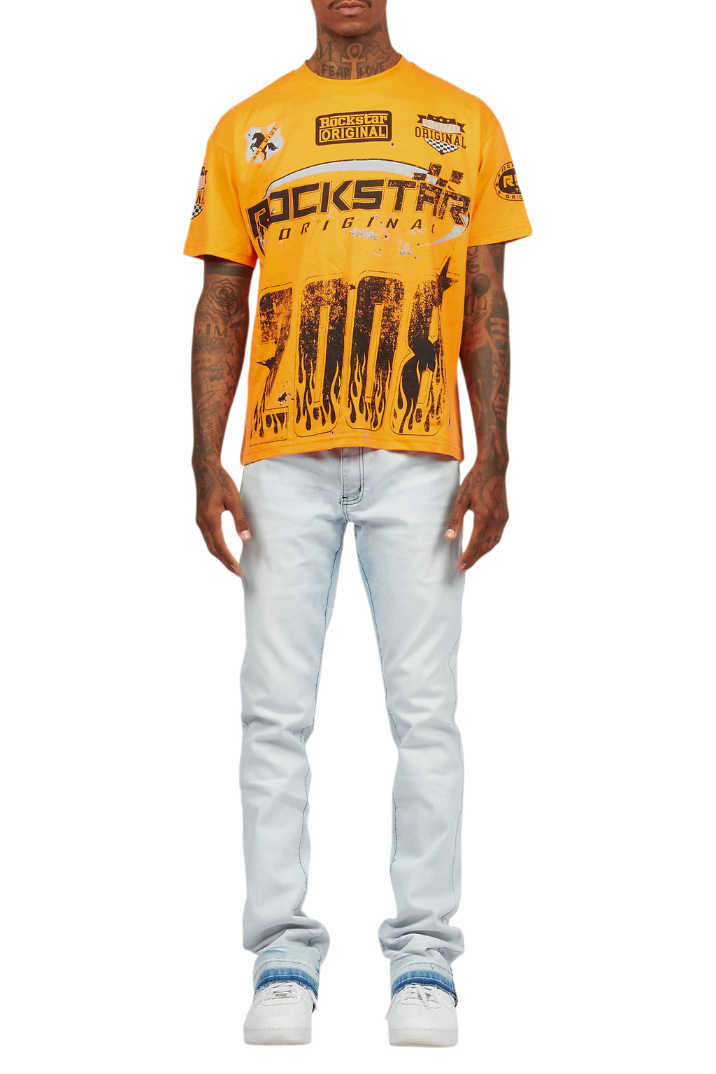 Amos Orange T-Shirt/Dag Blue Stacked Flare Jean Set