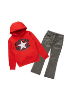 Boys Pablo Red Hoodie/Stacked Flare PU Jean Set